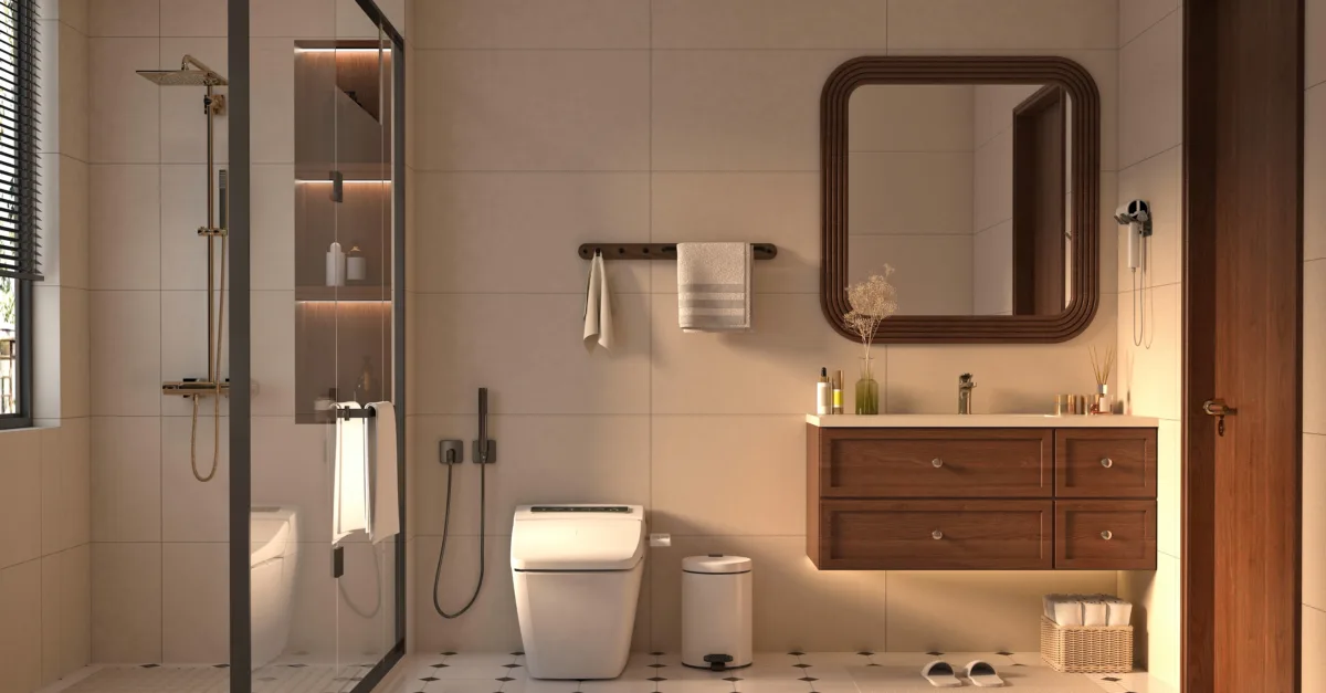 Salle de bain moderne et élégante avec douche à l'italienne, miroir et mobilier en bois.