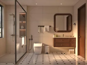 Salle de bain moderne et élégante avec douche à l'italienne, miroir et mobilier en bois.