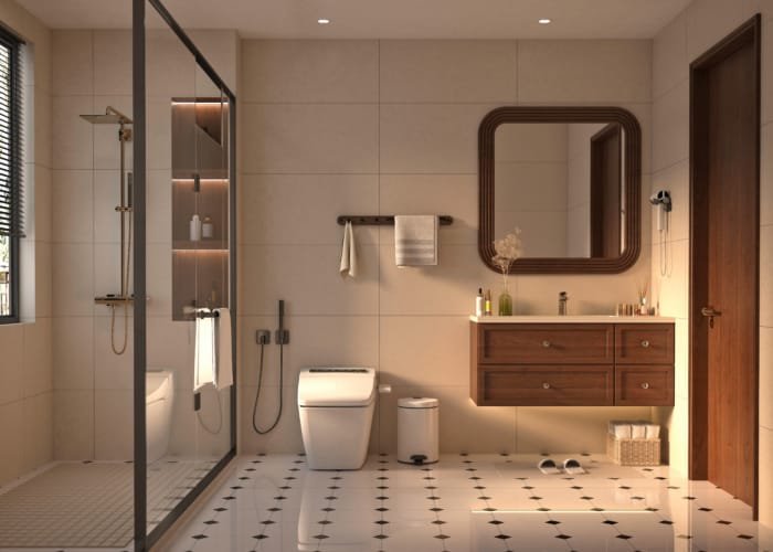 Salle de bain moderne et élégante avec douche à l'italienne, miroir et mobilier en bois.