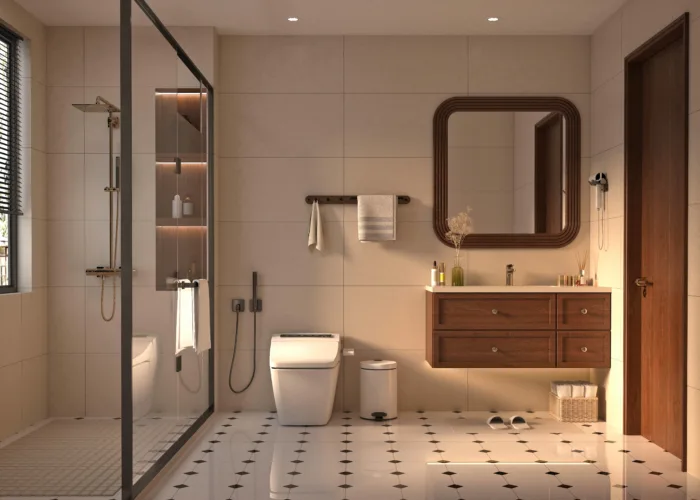 Salle de bain moderne et élégante avec douche à l'italienne, miroir et mobilier en bois.