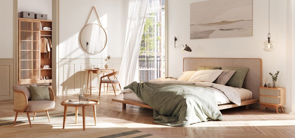 Chambre moderne et lumineuse avec lit bas en bois, linge de lit vert et beige, fauteuil en rotin et grande fenêtre