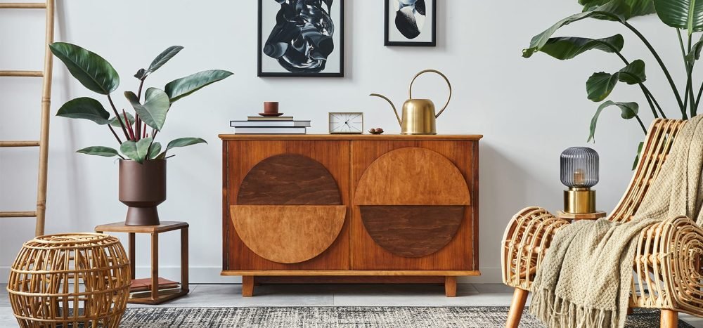 Salon élégant avec meuble en bois aux motifs géométriques, fauteuil en rotin, lampes design et plantes d’intérieur